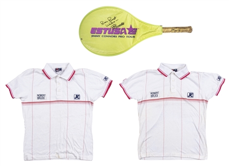 Lot of (3) Jimmy Connors Match Used & Dual Signed Tennis Racquet & Signed Cover With (2) Used Shirts (Coach Letter of Provenance & JSA)